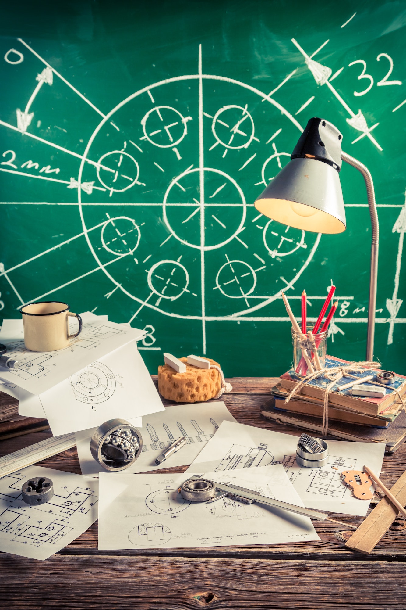 Laboratory technical drawing at school on old wooden table